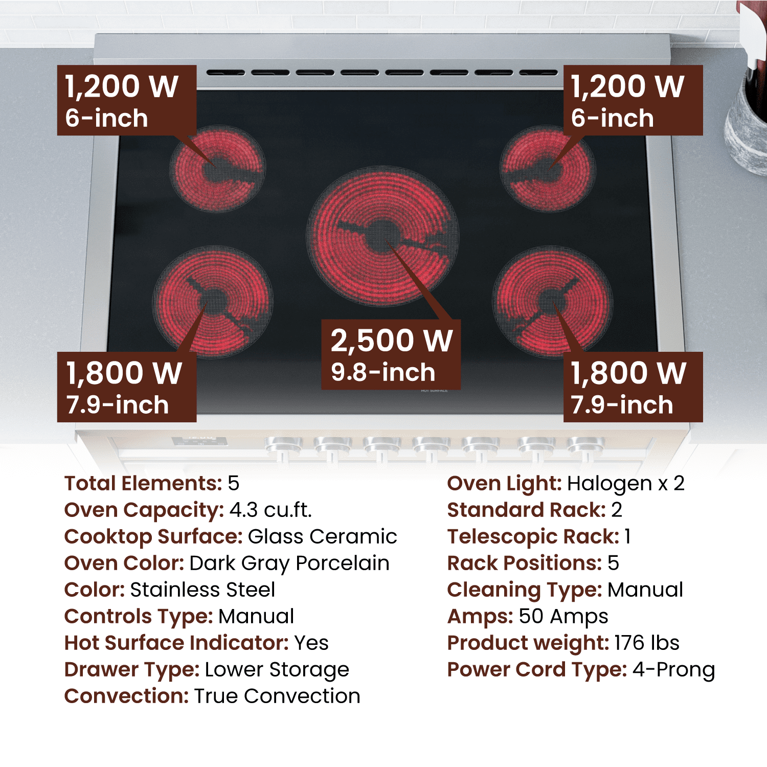 Rangaire RRE361TS 36" Electric Range Oven with Timer - Stainless Steel, Infrared Stove Burners, True Convection, Easy Reach Racks