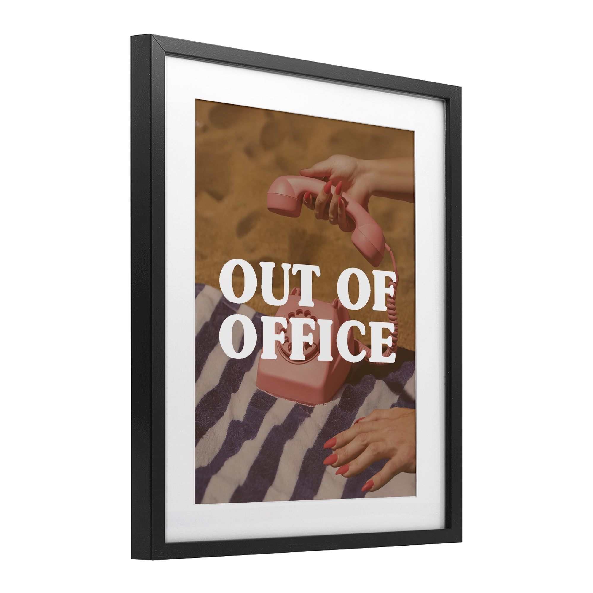 Out of Office Pink Phone Black Framed Print Under Glass, design by Lil' Rue