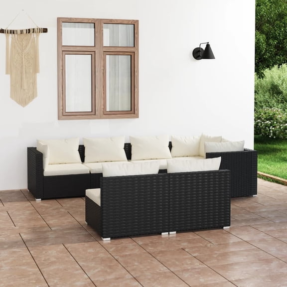 vidaXL 7 Piece Patio Lounge Set with Cushions Black Poly Rattan