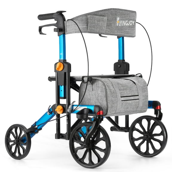 All-Terrain Rollator Walker for Seniors with Seat and Backrest Cane Holder 10" Front Wheels 8" Rear Wheels, Height Adjustment Foldable Rolling Walker 300 lbs Brakes Large Capacity (Blue)