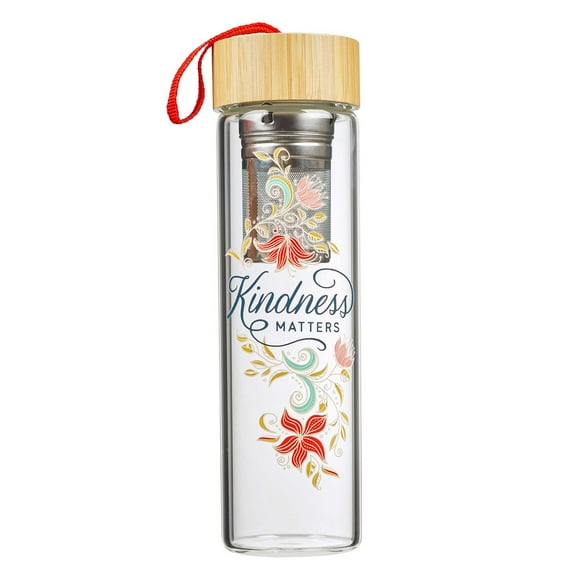 Kindness Matters - Double Wall Insulated Infuser Glass Water Bottle w/Strainer for Loose Tea, Fruit, Coffee  Inspirational Floral Travel Water Bottle For Women  Hot Or Cold Beverages, 15 oz