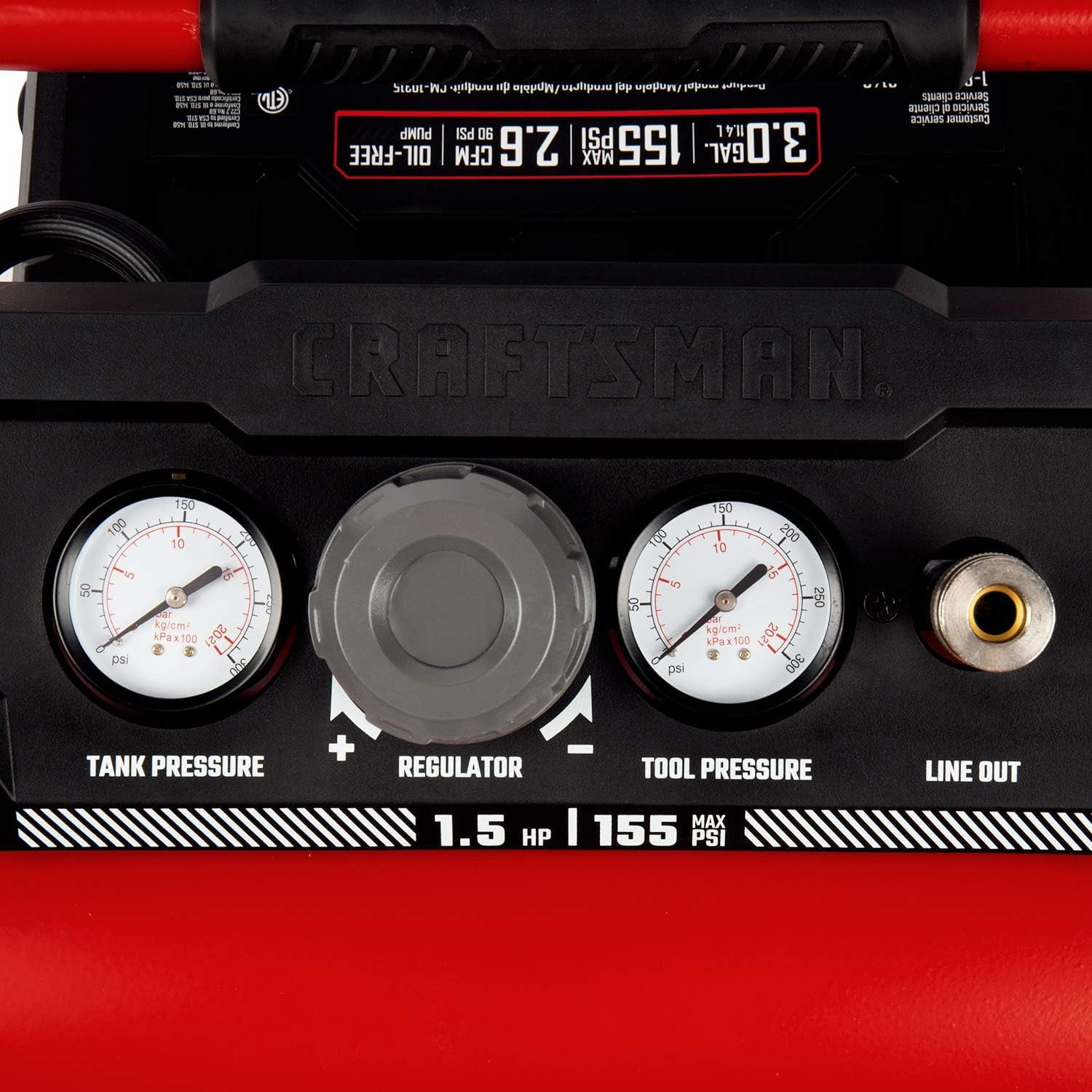 Craftsman Air Compressor, 3 Gallon 1.5 HP Max 155 Psi Pressure Oil-Free Portable, Red- CMXECXA