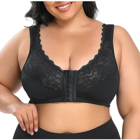 Plus Size Push Up Bras for Women No Underwire Lace Cup Front Button Thin Large Bra Underwear V-Neck Pullover Bra Feature Hook and Eye Closure Demi & Balconette Bra Style Y-505   Black M