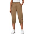 thumbnail image 1 of Las mujeres recortadas pantalones hebilla enrollar dobladillo cintura elástica bolsillos laterales color puro casual pantalones sueltos, 1 of 6