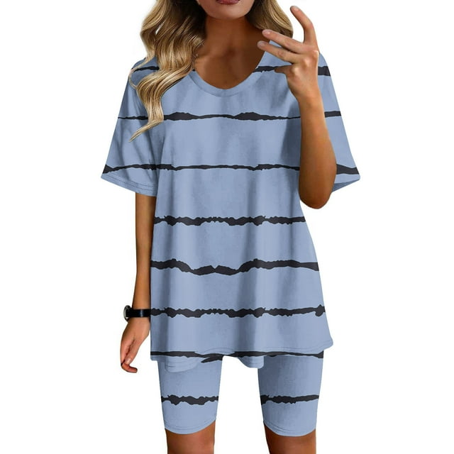 CHGBMOK Ensembles d'Entraînement pour Femmes Mode Blouse à Col Rond Manches Courtes Hauts Shorts Ensemble Décontracté Été 2 Pcs pour Femmes en Liquidation