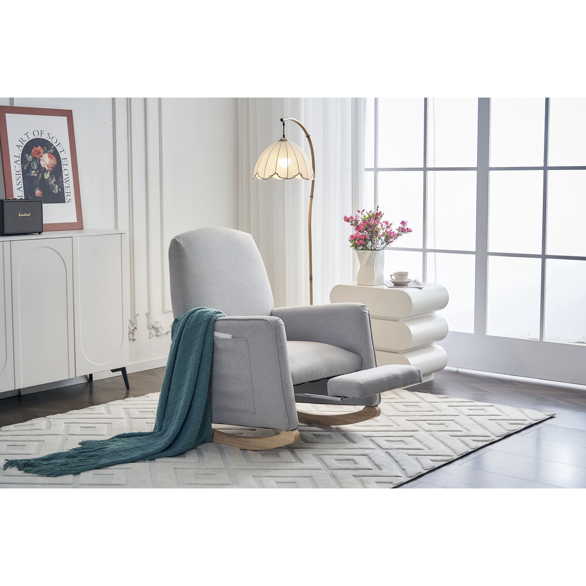Leumius Nursery Rocking Chair,Cotton Linen Upholstered Glider Rocker Chair with Adjustable Footrest,Comfortable Rocker Recliner with Side Pocket for Living Room, Bedroom, Nursing Room,Light Gray