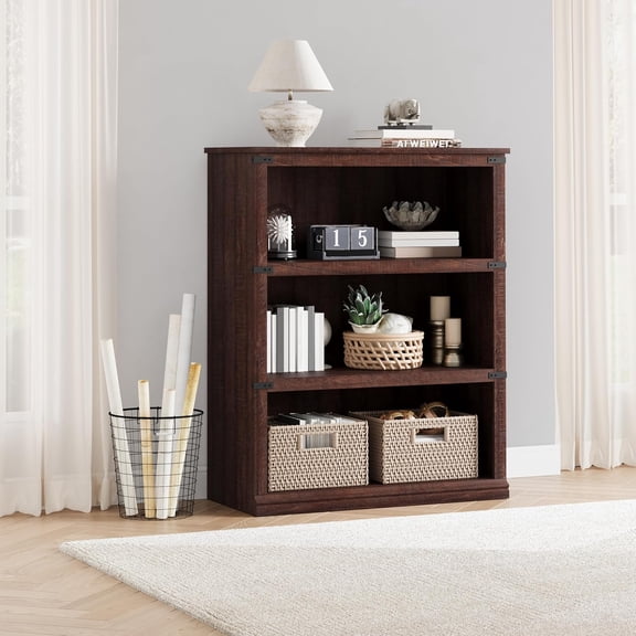 3 Tier Farmhouse Bookcase Wooden Bookshelf with Heavy Duty Open Shelves for Living Room Walnut