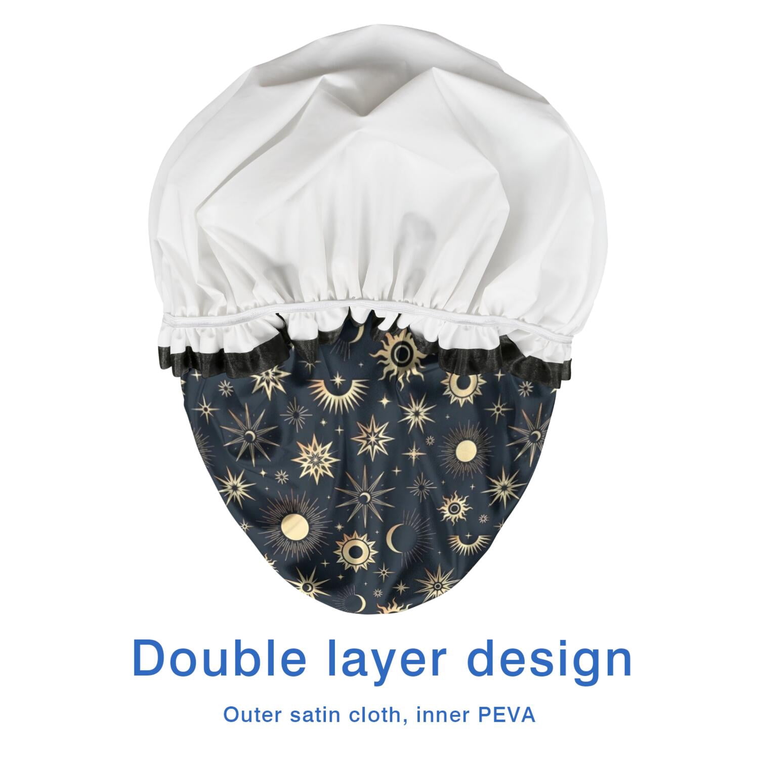 Shower Caps,Dark Blue Sun Moon Star Pattern Waterproof Shower Cap for Women 4 Pieces,Double Reusable Hair Cover for Shower PEVA Elastic Stretch Hem