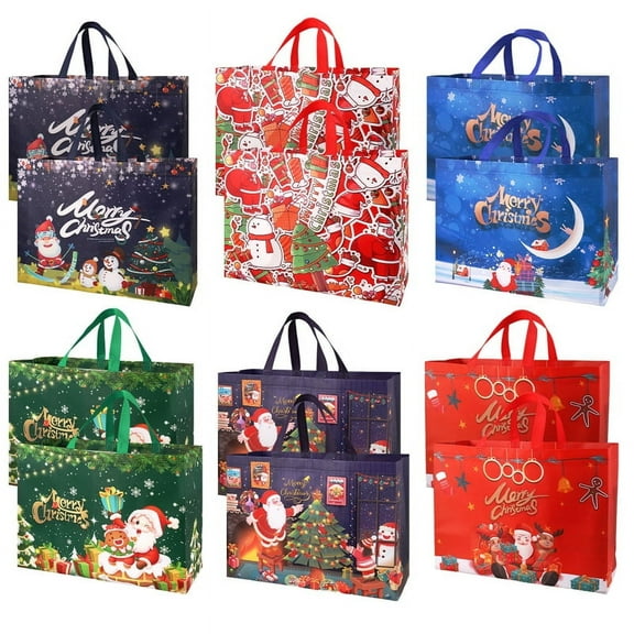 sixwipe 12 Pack Extra Large Christmas Tote Gift Bags, 16.9"*12.59"*7" Reusable Tote Bags, Non-Woven Christmas Gift Bags for Xmas Party Supplies