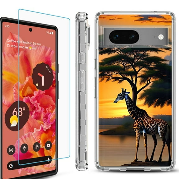 OneToughShield ® Compatible with Google Pixel 8, Shockproof Phone Case, with Tempered Glass Screen Protector - Giraffe Sunset