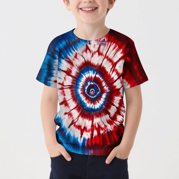Freshbabe Kids Boys 4Th Of July Patriotic Tie Dye Crew Neck Short Sleeve T-Shirt, Red White Blue Dog Cartoon Print Tee For Independence Day