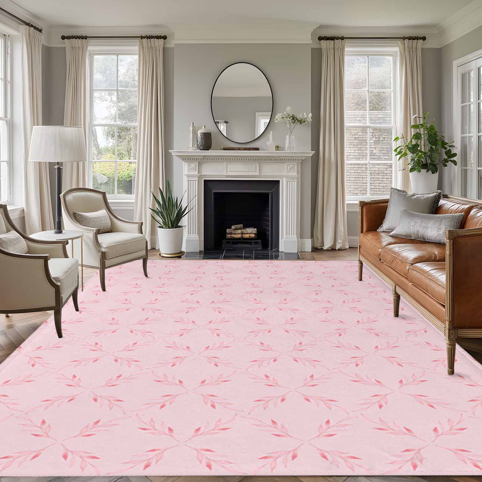White Diamond Lattice Washable Living Room Rugs 8 x10 Pink Floral Retro Plaid Texture Low Pile Throw Large Area Rug Non-Slip Sturdy Edge Binding Carpet for Bedroom Dining Room Office
