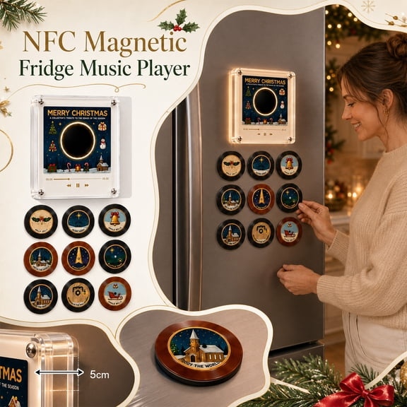 Christmas Vinyl Record Player Fridge Magnet Music Box Set, NFC Mini Record Player with 9 Mini Vinyl Records, Programmable Retro LED Decor, Christmas Decor Gift
