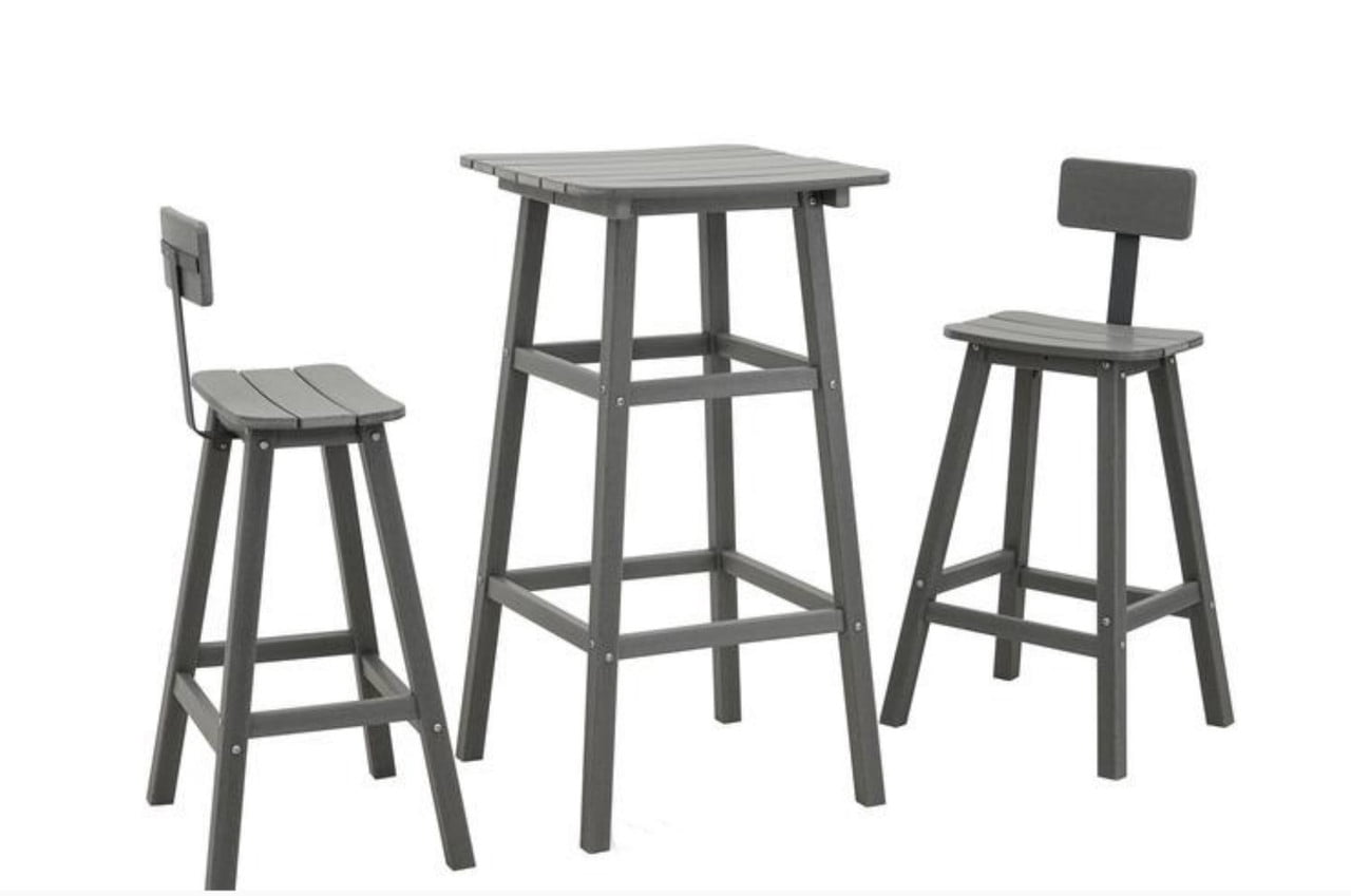 3 Piece Outdoor Bar Set Patio HDPE Dining Set with Square High-Top Table Footrest & Backrest