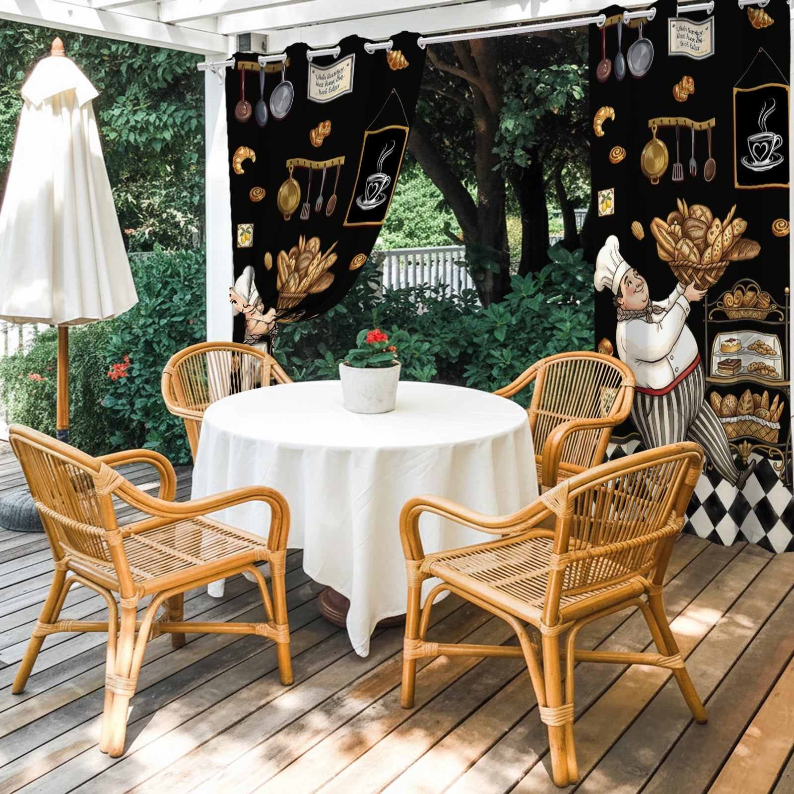 Retro Cartoon Chef Outdoor Curtains for Patio, Vintage Break Farmhouse Traditional Food Black Sunshade Privacy Drapes Grommet Waterproof Outside Curtains for Porch/Cabana/Balcony 54"x 108", 1 Panel