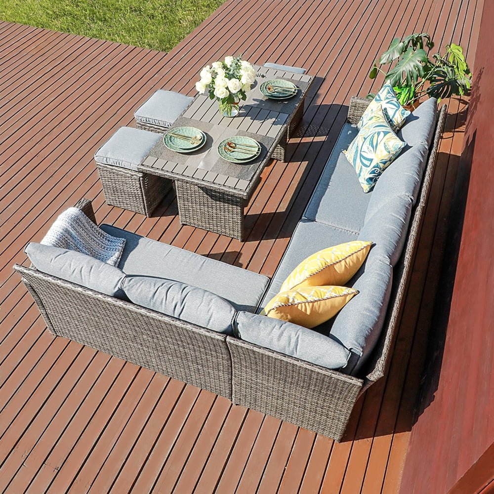 JOIVI 7 Pieces PE Rattan Wicker Dining 9 Sofa Set, Outdoor Patio Furniture, Gray
