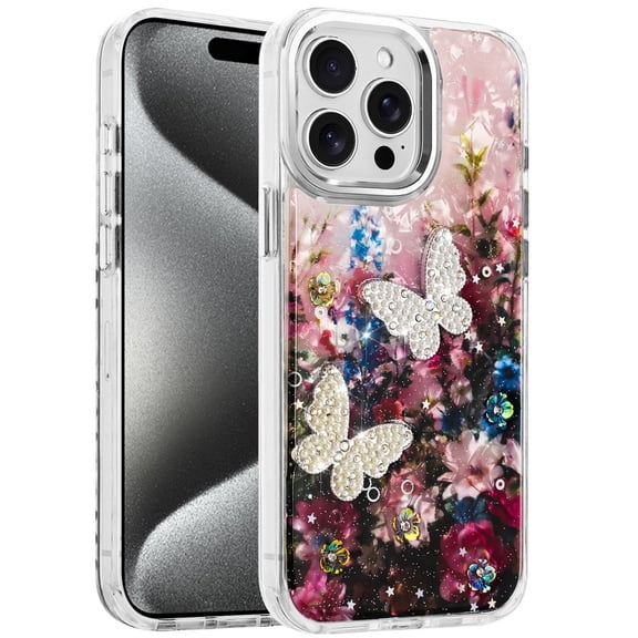 XPM for Apple iPhone 16 Pro Max Phone Case, Epoxy Glitter Flowers Bling 3D Butterfly Fashion TPU Hybrid with Shockproof Protection Cover for iPhone 16 Pro Max (Black)