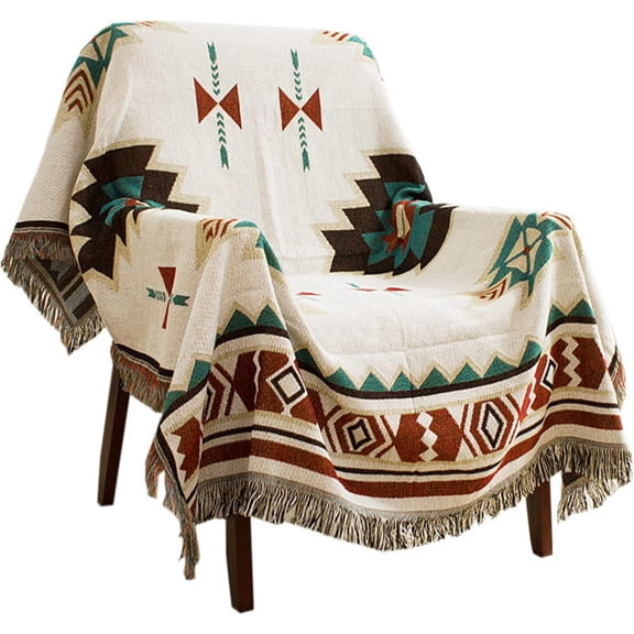 Aztec Boho Throw Blanket 51"x63", Pure Cotton Double-Sided Blanket with Tassels, Soft Breathable Anti-Pilling for Couch, Sofa, Picnic, Camping, Beach & Home Decor