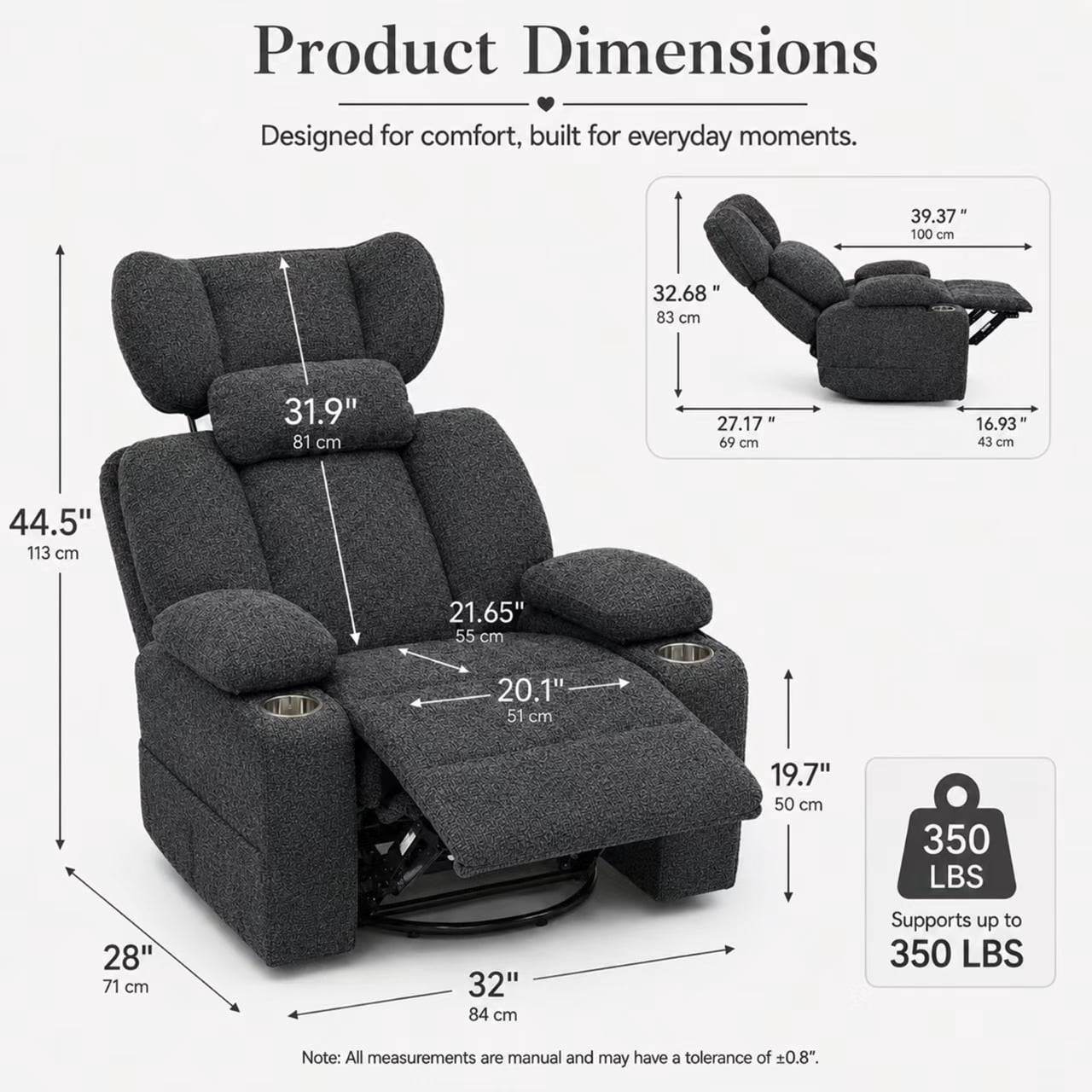 TiramisuBest Swivel Rocking Recliner Chair with Cup Holders,Big and Tall Manual Chenille Lounge Chair for Living Room,Dark Gray