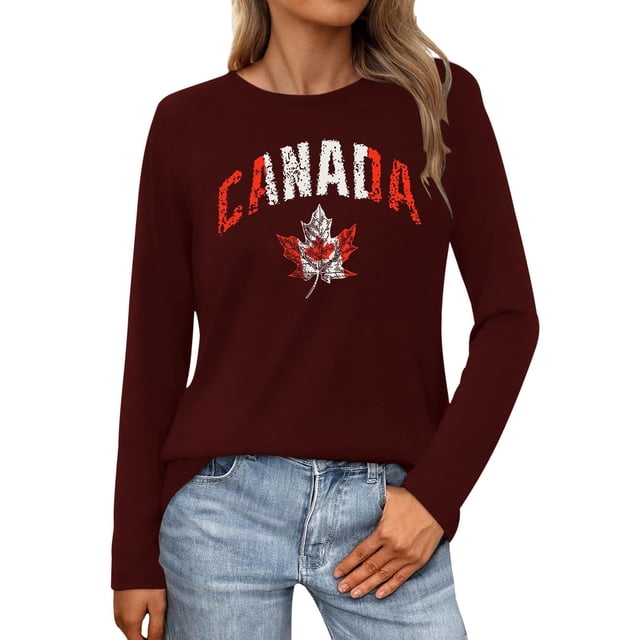 MHFRRA Camiseta de Manga Larga para Mujer con La Bandera del Día de Canadá y La Hoja de Arce Canadiense. Café
