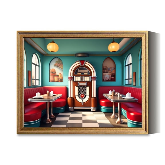 Retro Diner Vibes Art Vintage Gold Framed Wall Art Decor Retro Canvas Paintings for Living Room Bedroom