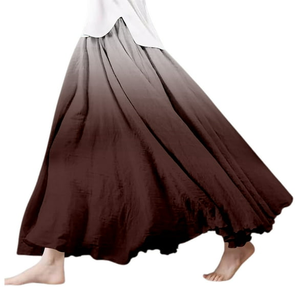 LUOGENLI Skirt Women's Summer Printed Linen Wrap Skirt Elastic Waist A Line Boho Beach Skirt Flowy Long Maxi Skirt for Vacation Long Skirts for Women High Waist Coffee M