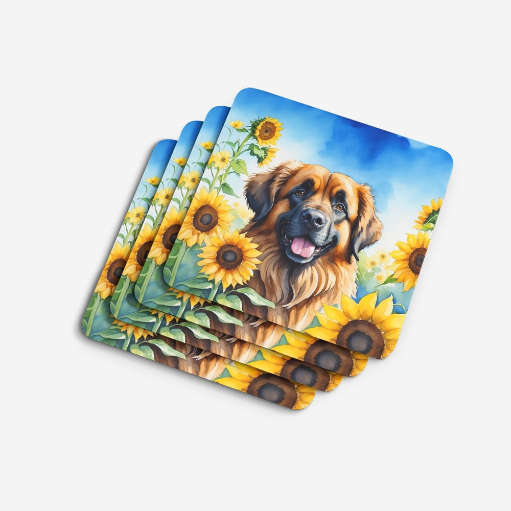 Leonberger in Sunflowers Foam Coasters 3.5 in x 3.5 in