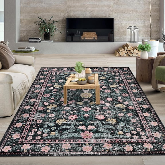 9x12 Retro Mottled Floral Area Rug, Non-Shedding Washable Low Pile Vintage Living Room Bedroom Carpet,black