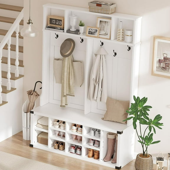 Studyset Hall Tree with Shoe Storage Bench, 4-in-1 Entryway Bench with Coat Rack & Adjustable Shlef & 2 Wood Door, Hall Tree with Metal Corner & 5 Tri-Hooks for Entryway,Bedroom, Living Room, White