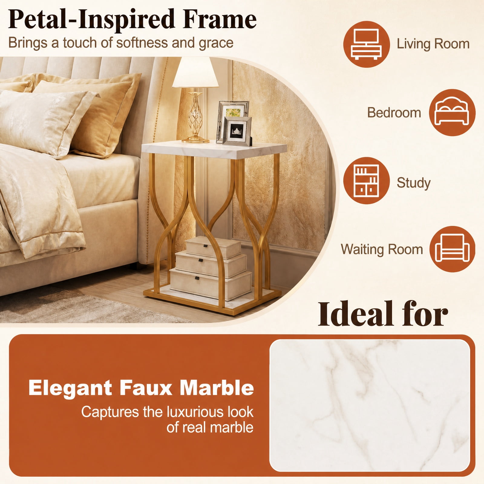 Furnibear Faux Marble Bedside Night Stand with Petal-Inspired Metal Frame for Bedroom Living Room Bedside Sofa Side Small Space, White