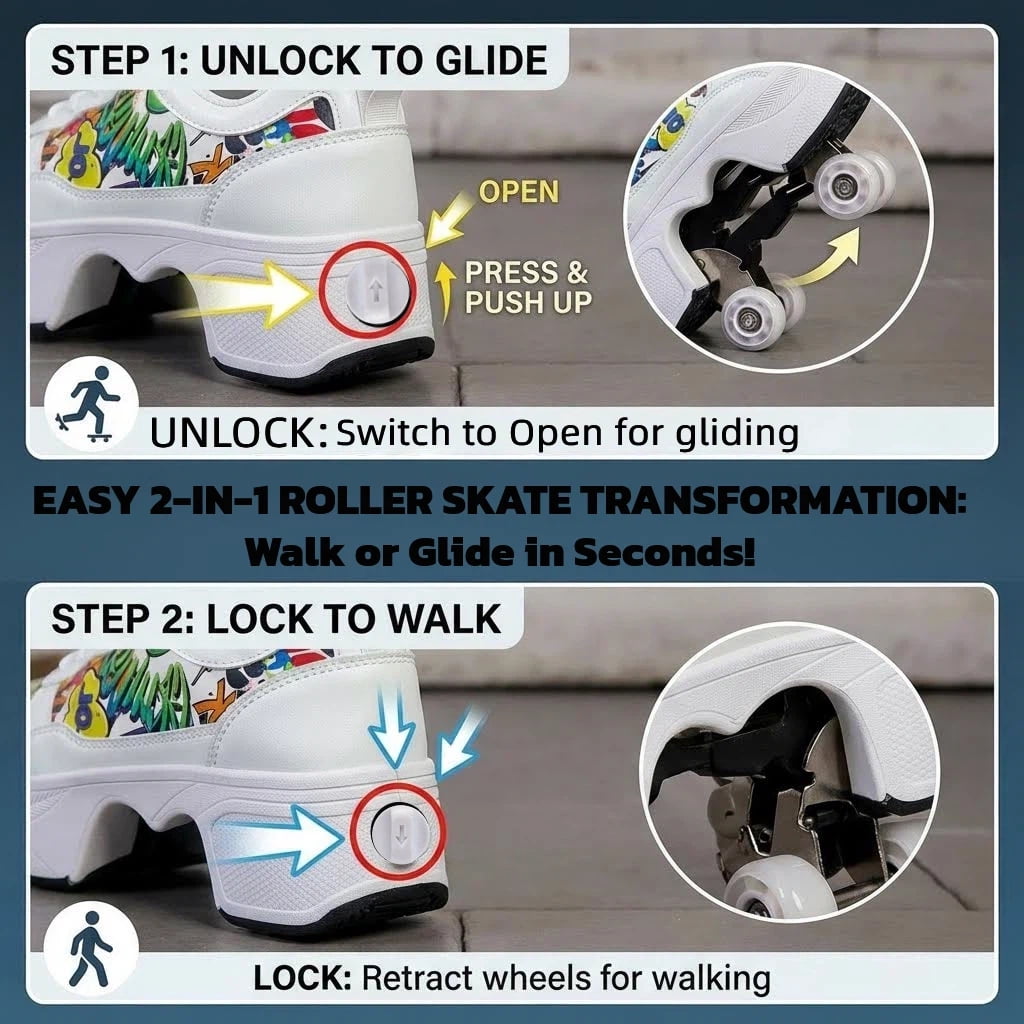 CZV Women's & Teens Graffiti Print Four-Wheel Convertible Roller Skate Shoes,2-in-1 Roller Skates & Sneakers Unisex Retractable Wheels Indoor Outdoor Fun & Fitness Kick Roller Shoes