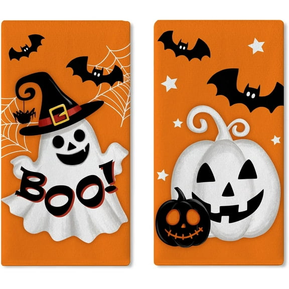 Halloween Skull Kitchen Towel Set (2-piece), orange and black skull heads, pumpkin-shaped dried towels, baking cooking cloths, fun rose butterfly home decorations, size: 16 x 24 inches