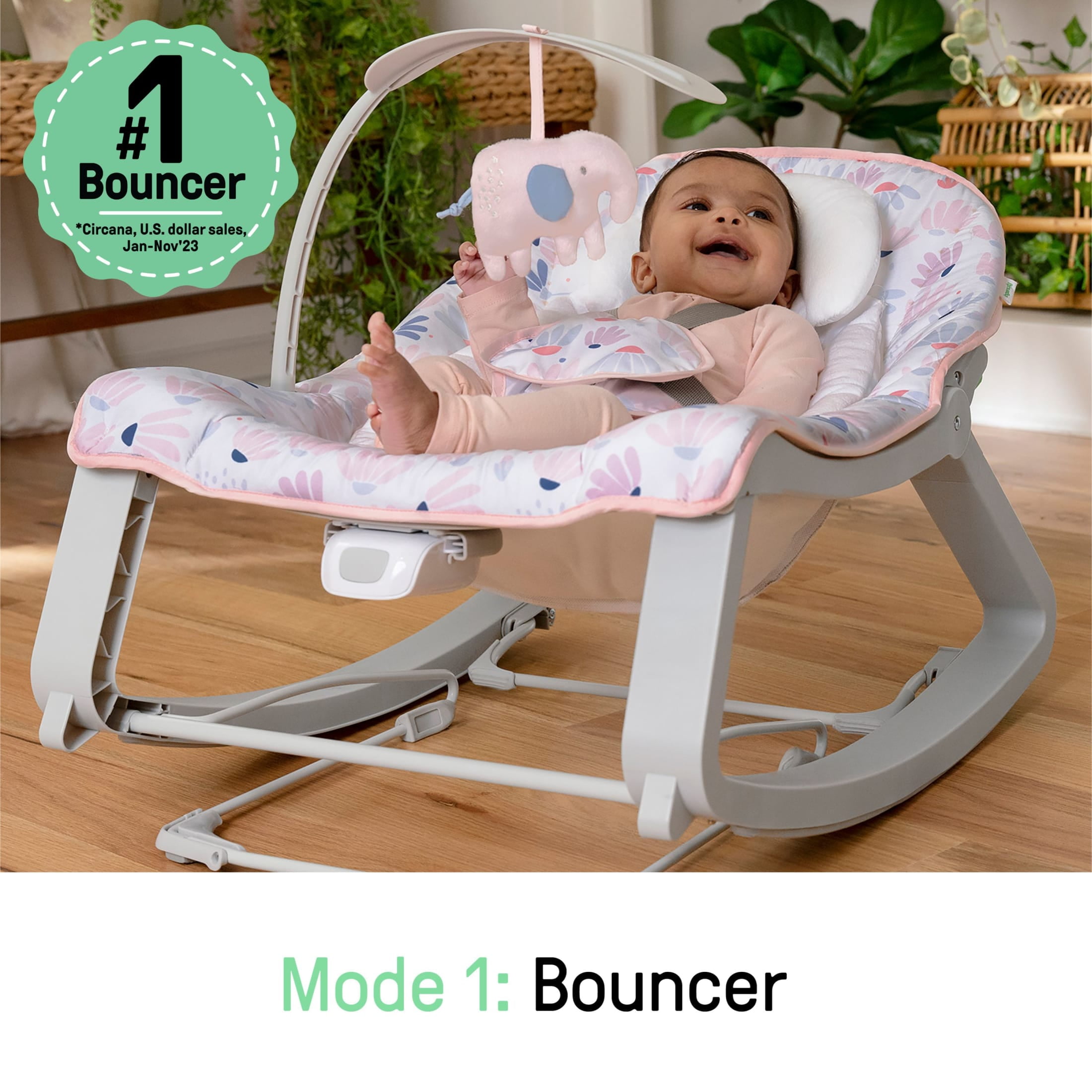 Ingenuity Keep Cozy 3-in-1 Baby Bouncer Seat & Infant to Toddler Rocker - Burst (Pink)