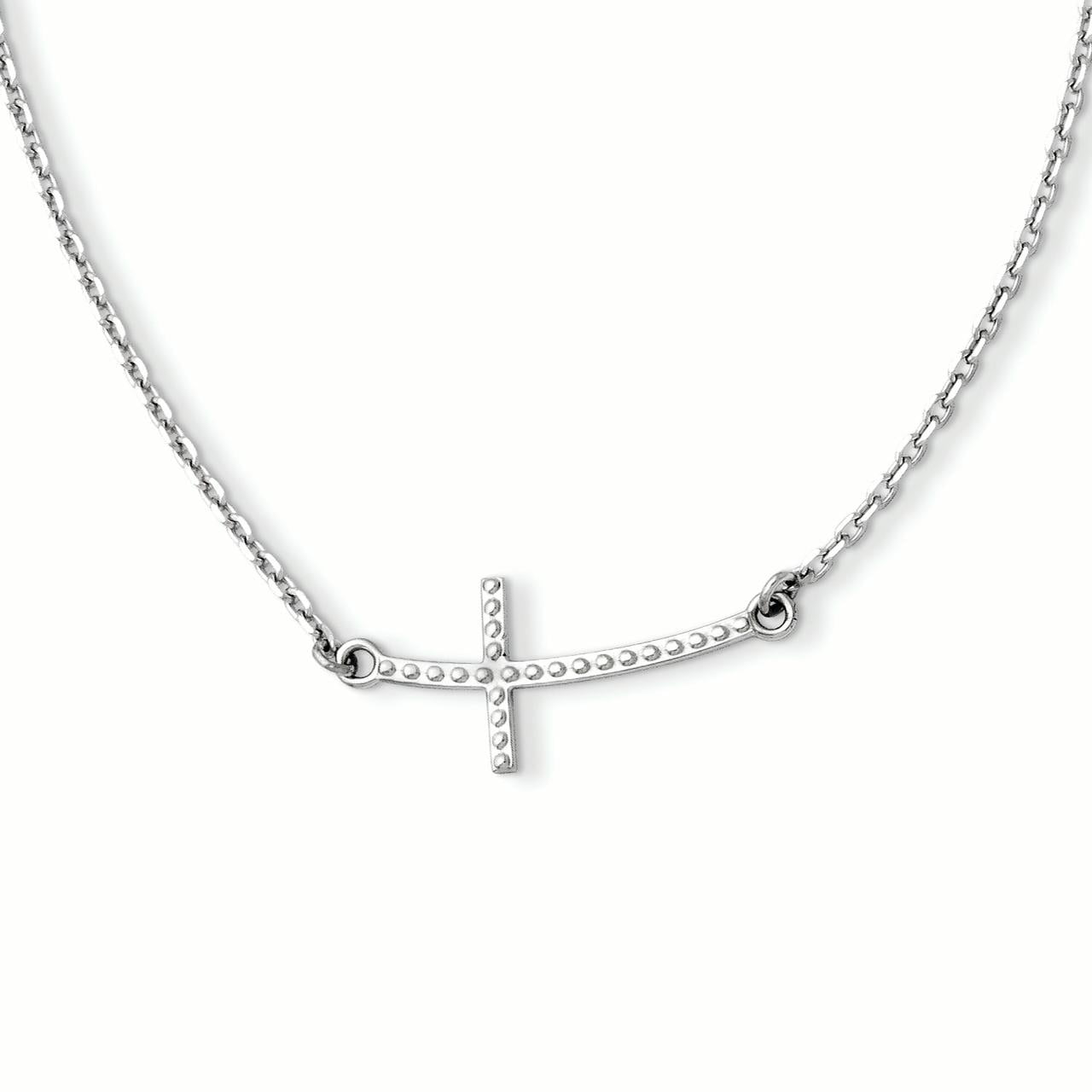 S M Diamonds - 14k White Gold Sideways Curved Textured Cross Necklace (Weight: 3.15 Grams 