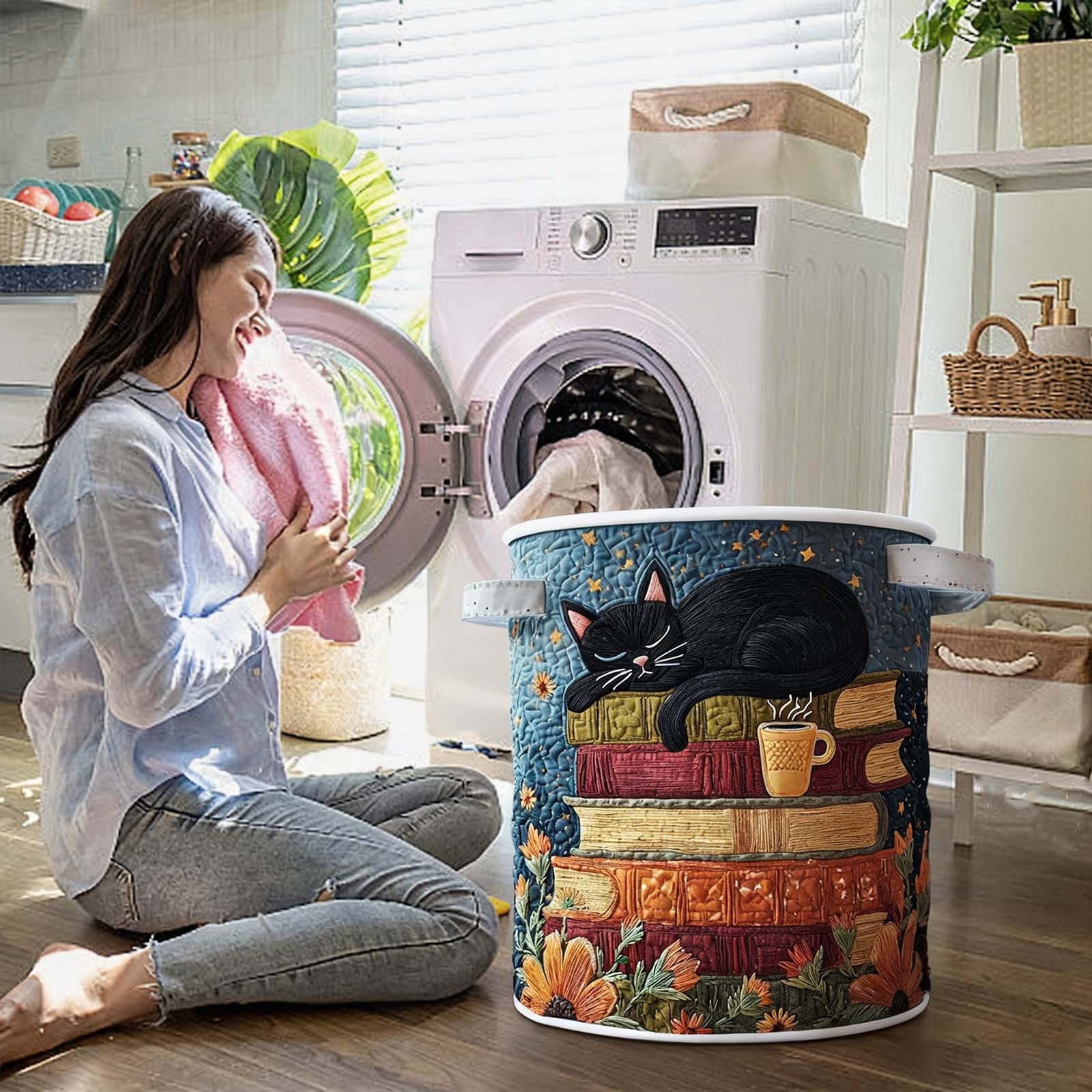 Cat Quilted Laundry Basket, Large Quilted Cute Cat Laundry Baskets with Reinforced Handles, Cozy Kitten Fabric Storage Hamper 18''x14''