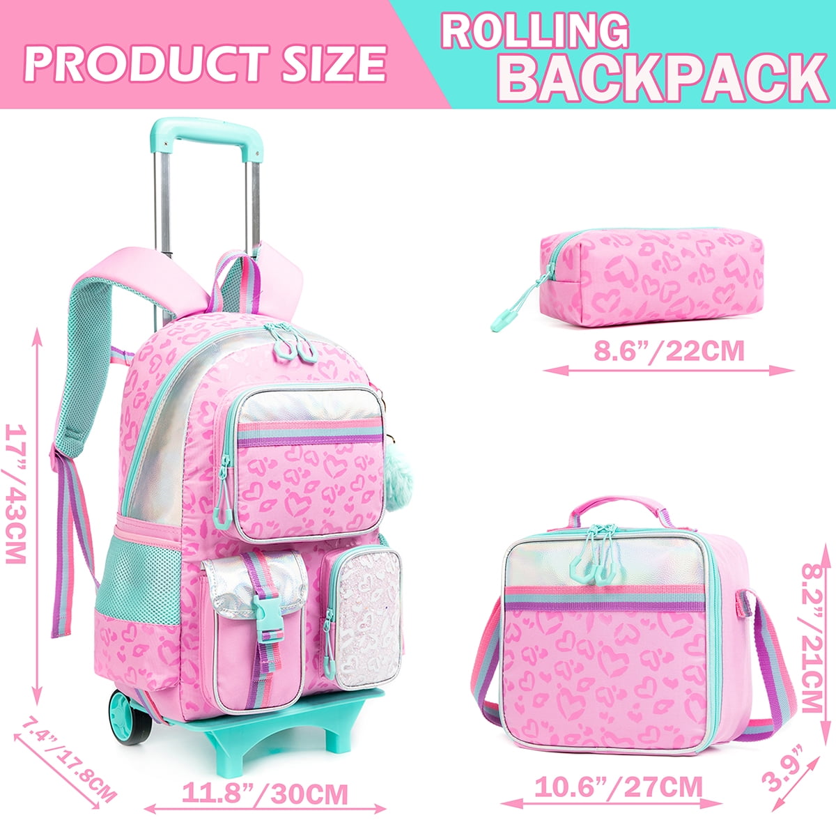 Pink Kids Rolling Backpack for Girls with Wheels Roller School Backpacks with Lunch Box Pen Bag 3 In 1 for Elementary Students