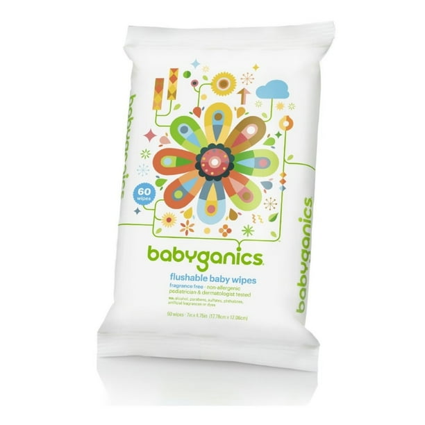 Babyganics Flushable Baby Wipes, Resealable Pack, Unscented (60 ct