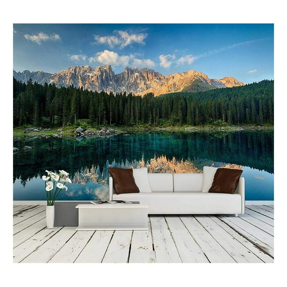 wall26 - Lake with Mountain Forest Landscape Lago Di Carezza - Removable Wall Mural | Self-Adhesive Large Wallpaper - 66x96 inches