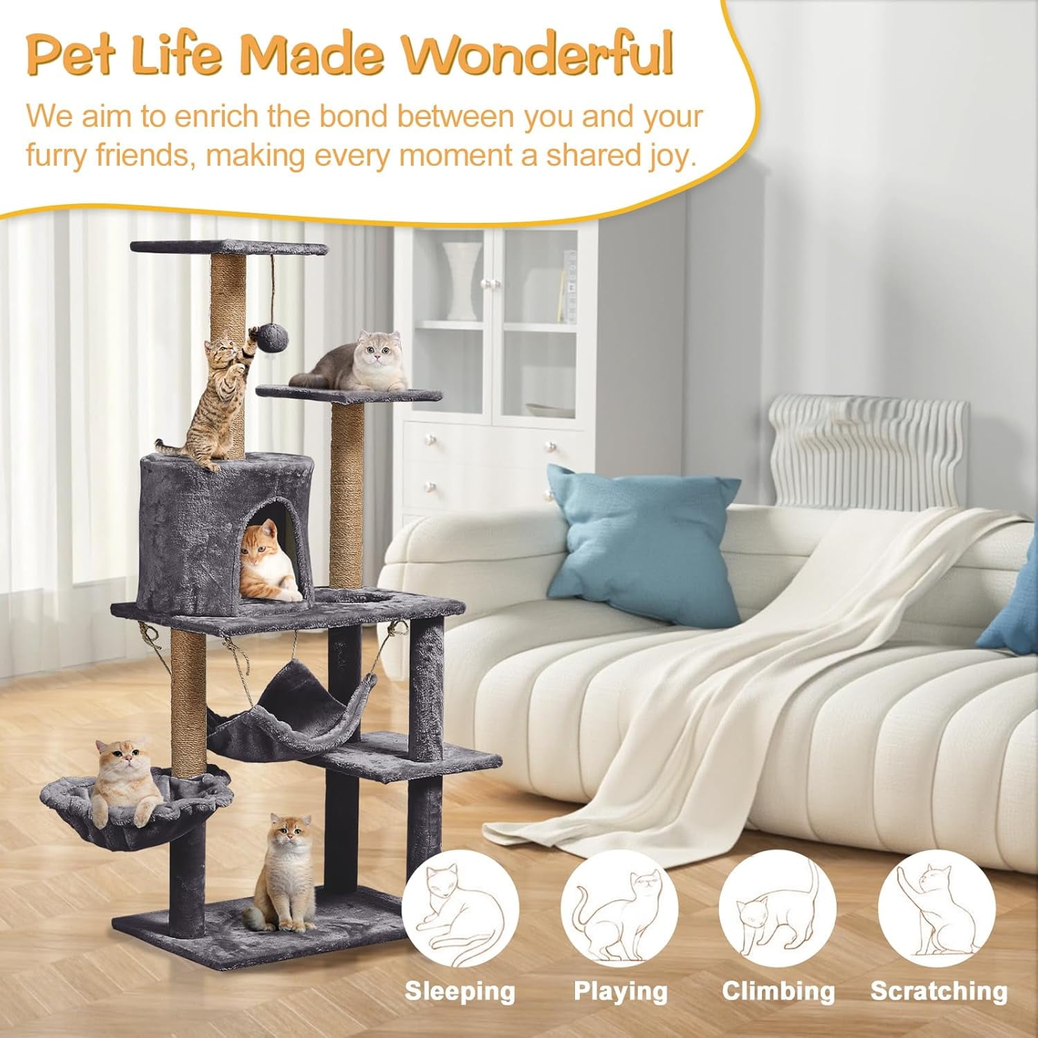 ZephyPaws 52" Tall Cat Tree Tower Condo with Sisal Scratching Post and Perch,Dark Gray