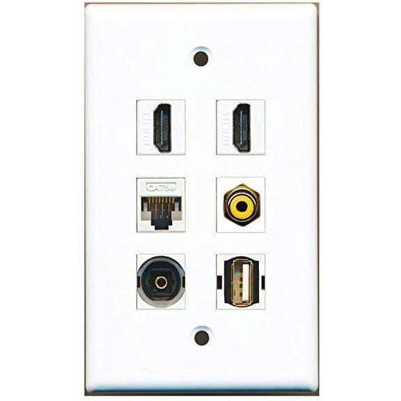 RiteAV - 2 HDMI 1 Port RCA Yellow 1 Port USB A-A 1 Port Toslink 1 Port Cat5e Ethernet White Wall Plate