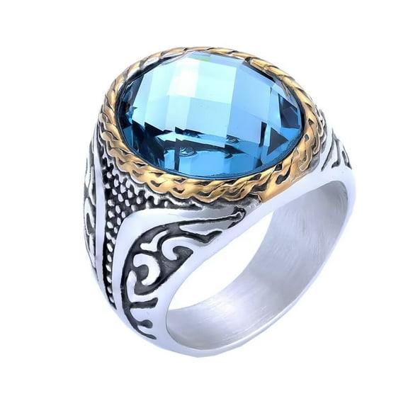 PAMTIER Men's Women's Stainless Steel Vintage Creative Oval Gemstone Statement Ring Silver Dark Blue Size 7