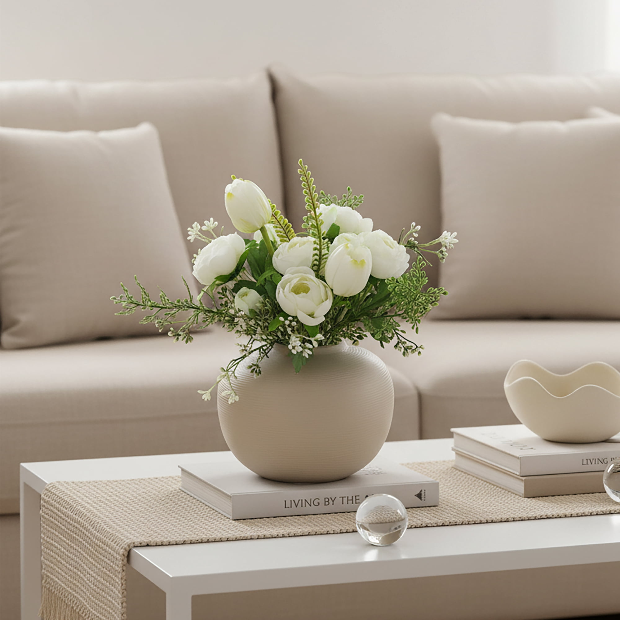 Better Homes & Gardens Tan Ceramic Vase with White Mixed Artificial Floral, 10 in