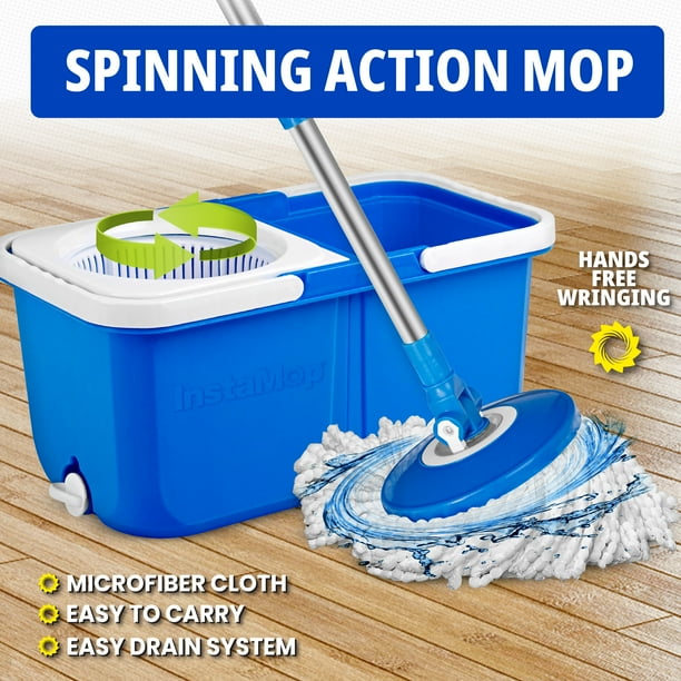Wall & Floor Mop Set With Spinner Bucket | 6 Reusable Pads | Dual Tank Design For Separate Clean/Dirty Water