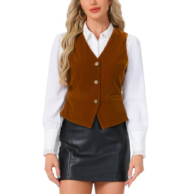 INSPIRE CHIC Chaleco de mujer Steampunk de terciopelo sin mangas con botones y cuello en V, chalecos de traje L marrón oscuro