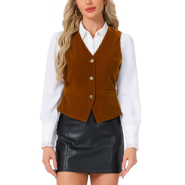 INSPIRE CHIC Chaleco de mujer Steampunk de terciopelo sin mangas con botones y cuello en V, chalecos de traje L marrón oscuro