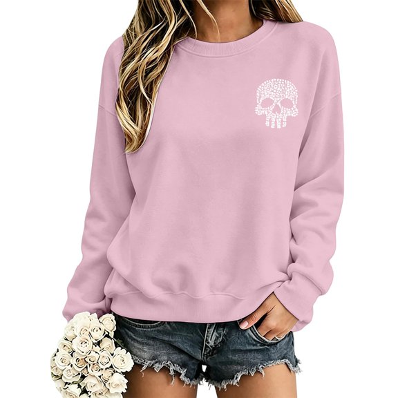 WEIWEN Halloween Sweatshirts for Women Dressy Casual Skull Printed Crewneck Long Sleeve Fall Outfits 2026 Trendy Halloween Sweaters for Women Fashion Clothing Womens Tops Light Pink, L