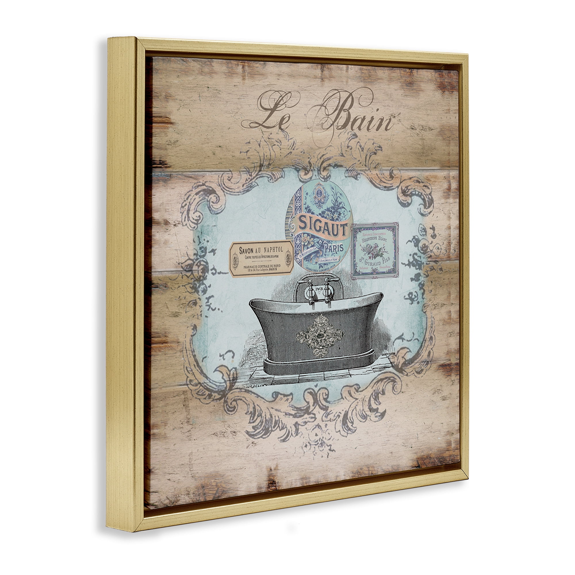 Stupell Industries Le Bain Vintage Style Bath Typography Painting Gold Floater Framed Canvas Art Print Wall Art, 18 x 18