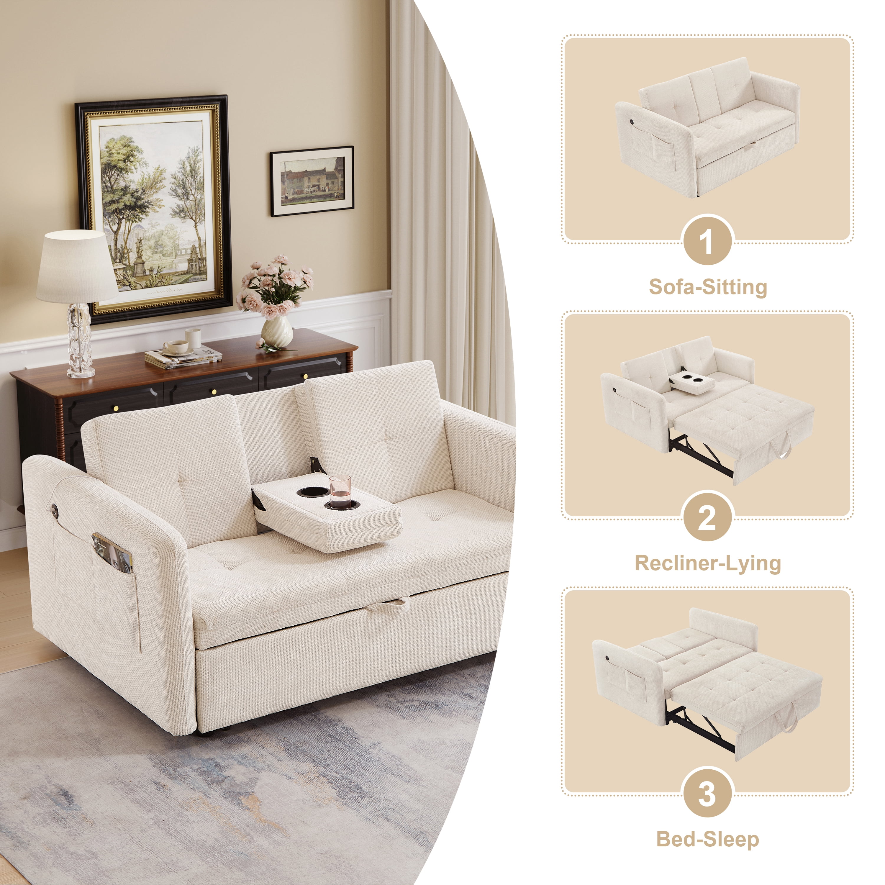 Noodeniya 57" 3 In 1 Convertible Sleeper Couch Bed with two cup holders, pull out sofa bed with USB and Side Pocket, Beige