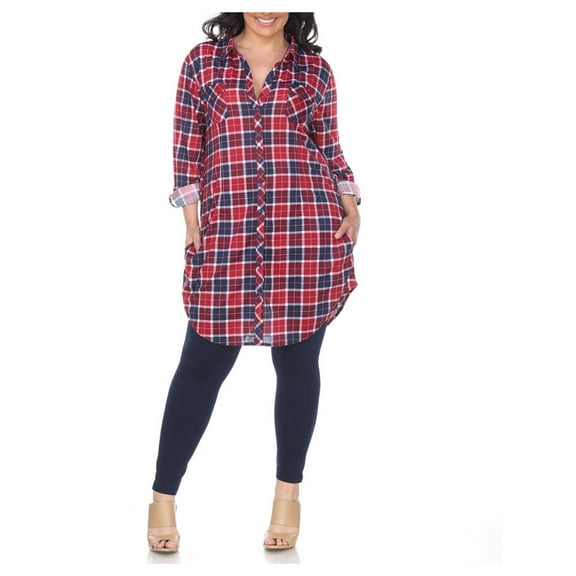 White Mark Womens Plus Plaid Button Down Tunic Top