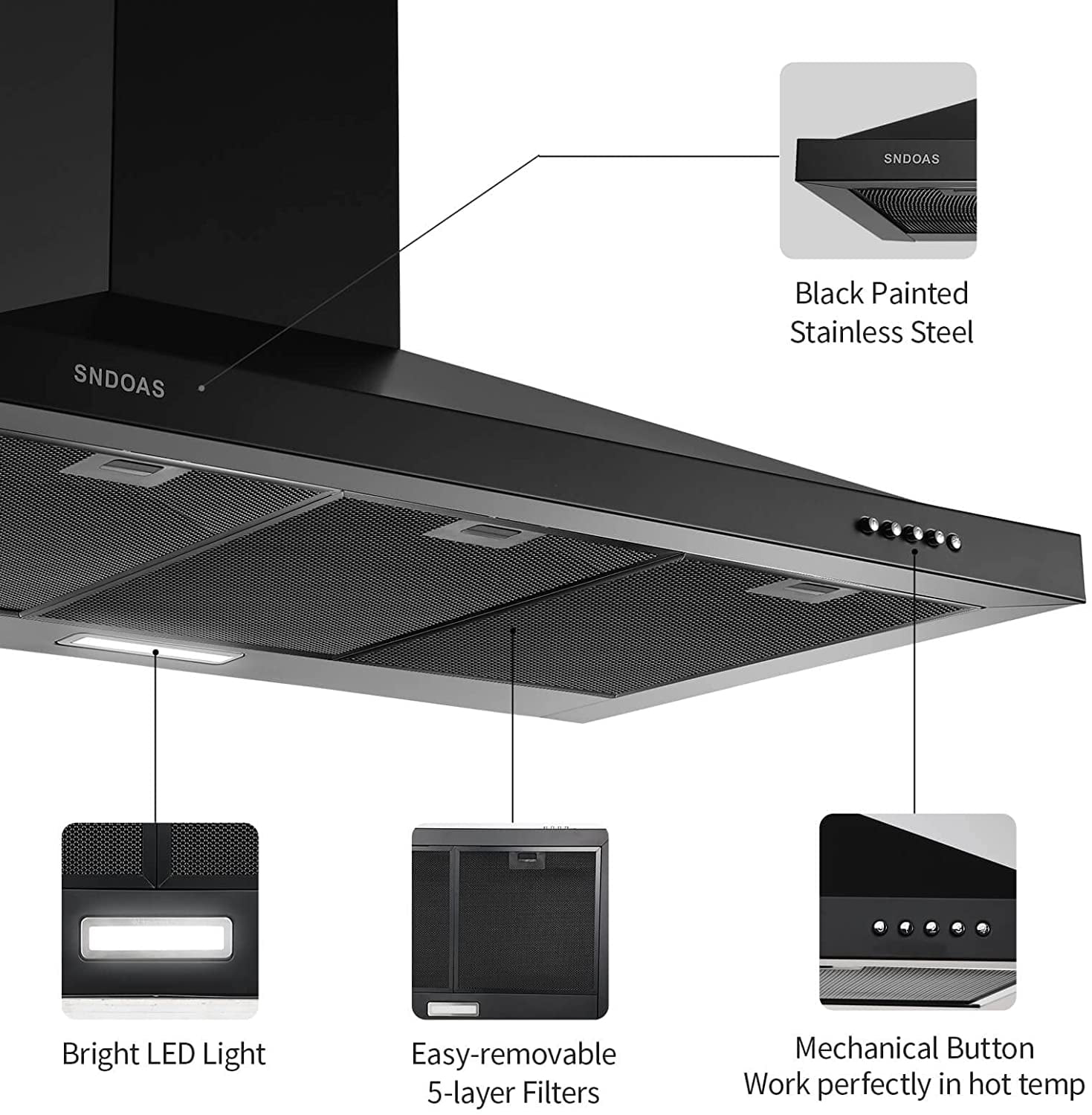 Range Hood 36 inch Black Wall Mount Range Hood in Black Stainless Steel